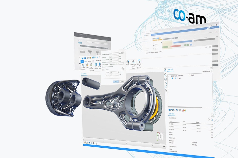 Digital visual of a metal 3D-printed part popping out of a Magics software screen