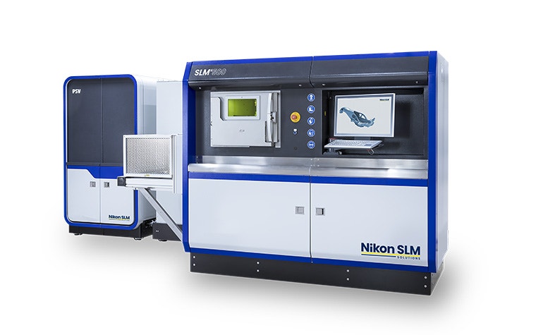 A Nikon SLM Solutions SLM®500 3D printer on a white background