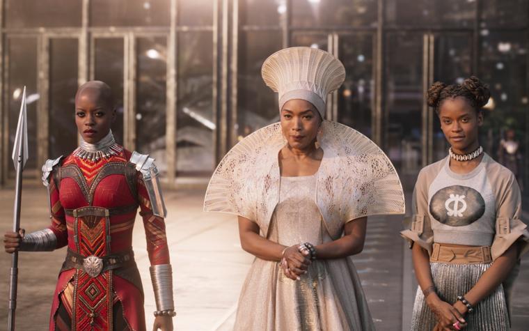 Angela Bassett with two other actors in the Black Panther movie