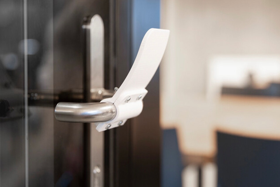 3D-printed, hands-free door opener on a door handle