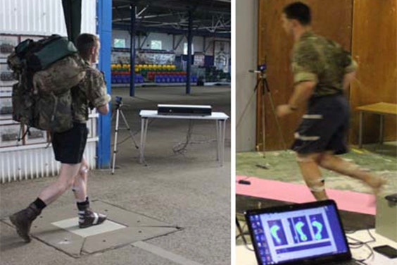 Two images of a soldier moving over a pressure plate, one while wearing a heavy backpack