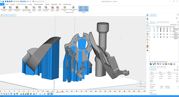 Screenshot of a few parts with support structures in Materialise Magics