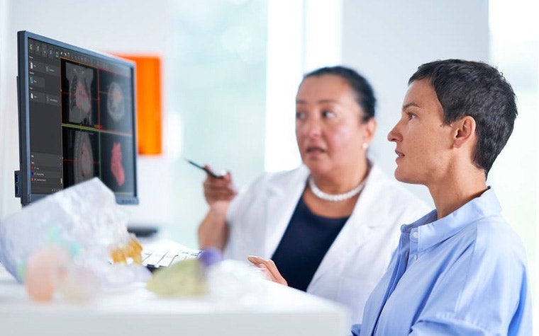 Two healthcare professionals looking at a screen with medical software