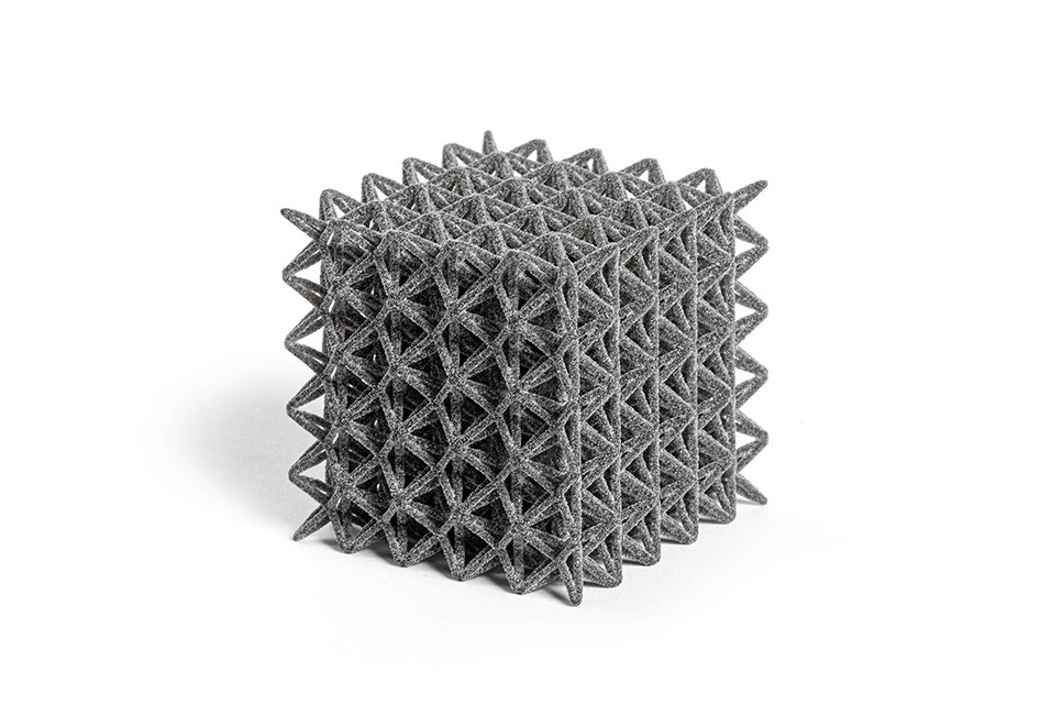 Example of a densely printed latticed cube, printed using Multi Jet Fusion