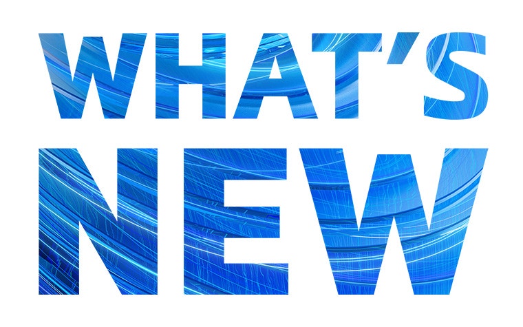 The words 'What's New' with blue swirly lines inside on a white background