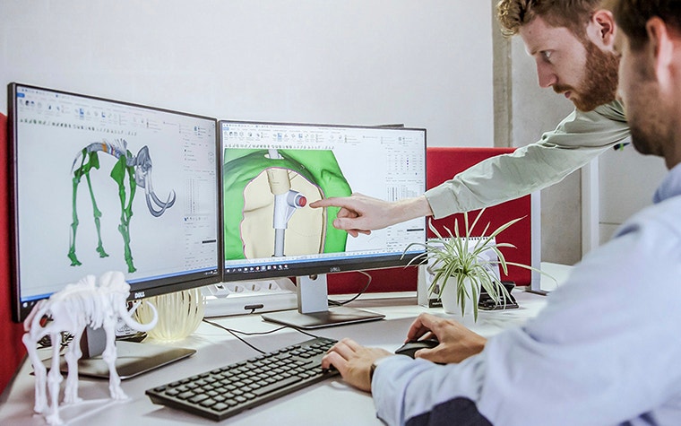 Materialise engineer and paleontologist in front of computer screens looking at 3D images of mammoth skeleton 