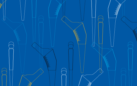 Contours de différents implants de la hanche répétés sur un fond bleu, selon le modèle OrthoView.