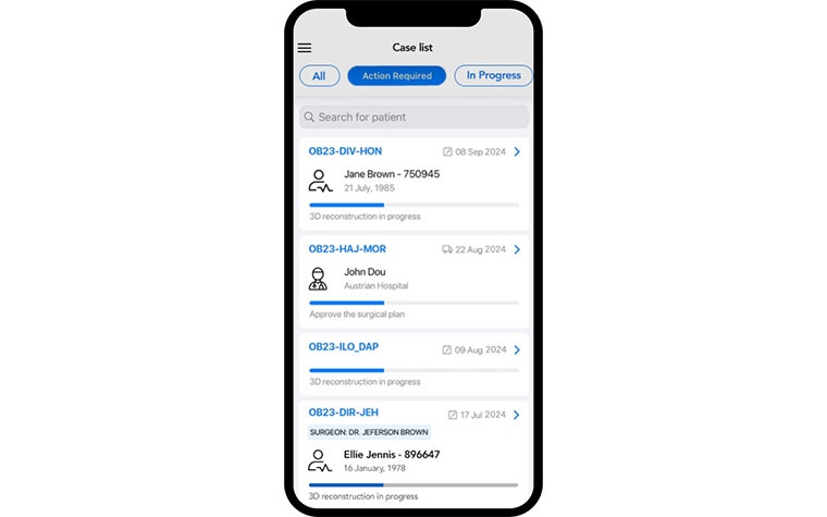 A smart phone displaying a case list on the Mimics Flow app