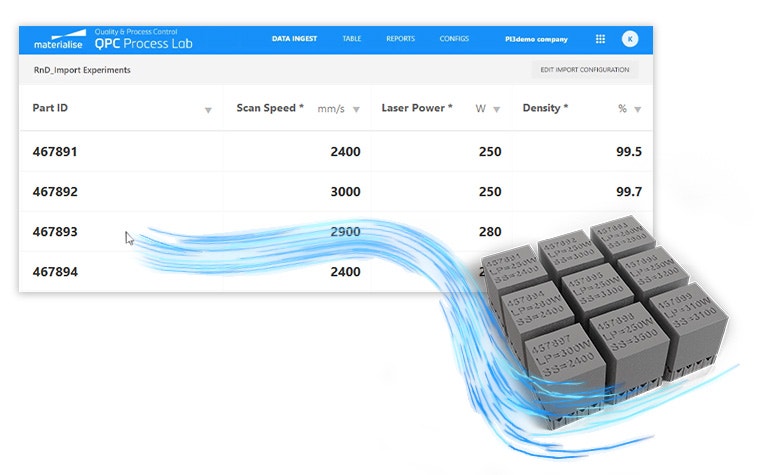 An image of nine squares with part ID numbers and the QPC Process Lab dashboard showing different R&D expirment parameters - a gust of wind flows between the dasboard and the parts.