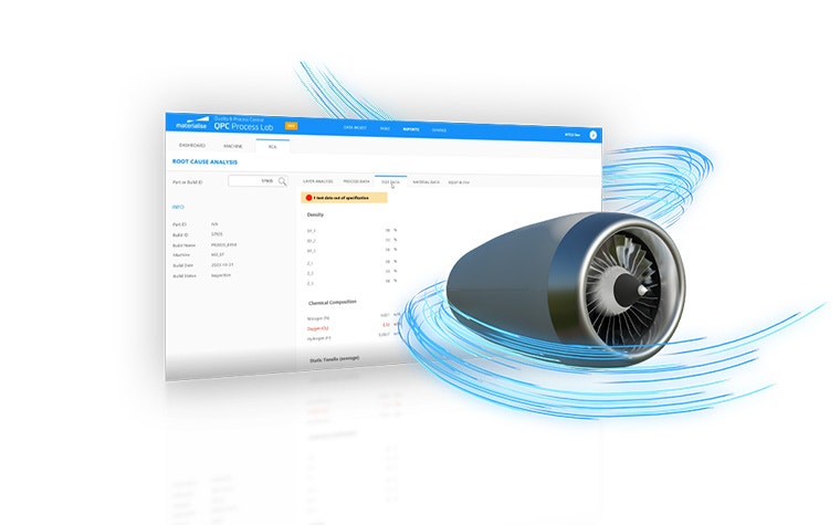 An image of an aircraft engine with a gust of wind in front of the QPC Process Lab dashboard screen