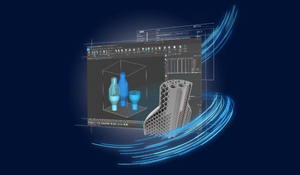 Un portatile che mostra tre modelli 3D in fase di progettazione in Magics e un modello 3D più grande, ispirato a un reticolo.