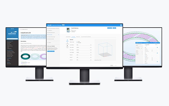 Three computer screens showing information and interfaces from Materialise Machine Manager and Build Processor