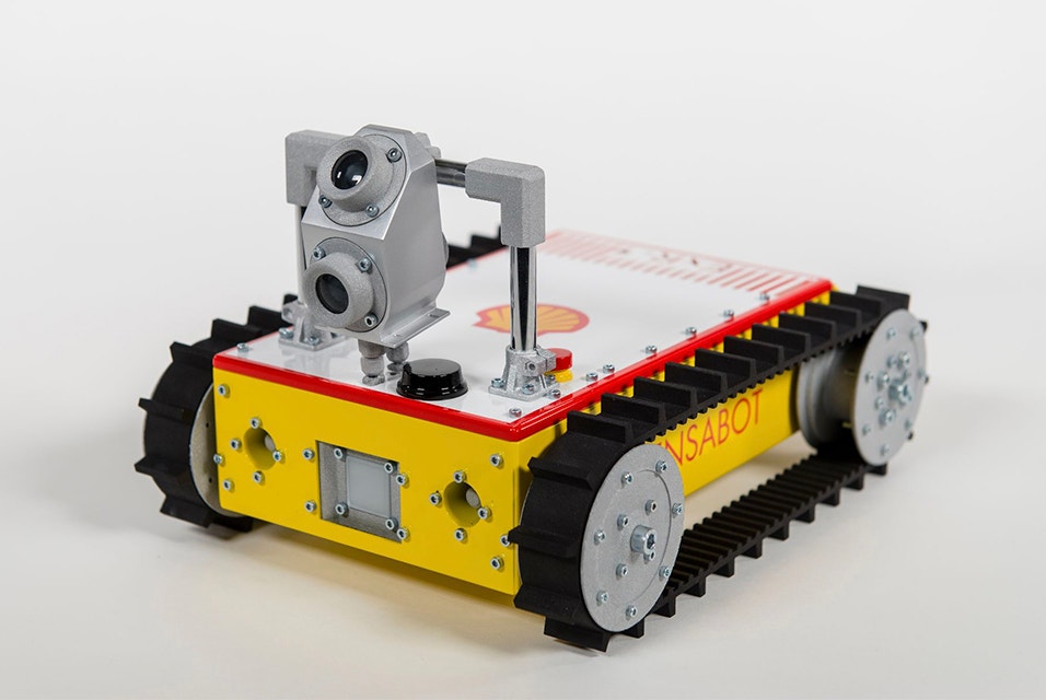 Replica of Shell's ExR-1 robot, including cameras and wheels