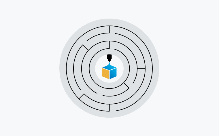 Icon of a part being 3D printing in the middle of a maze