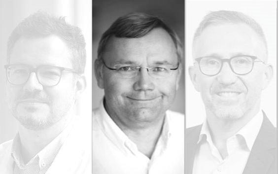 Blurred black-and-white headshots of Medical 3D Players podcast guests with Thierry Marchal standing out in a clear headshot