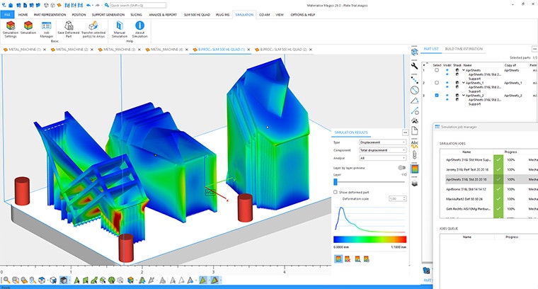 An image of a three 3D builds in the ansys simulation software. Each build shows areas with different tolerance levels. Two of the builds (in the centre and right) show blue and green areas that are within tolerance. The build on the left has areas near the base that are red indicating places where supports could be added.