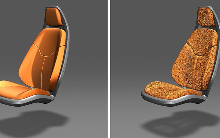 Digital render of a car seat before and after added organic webbing structure