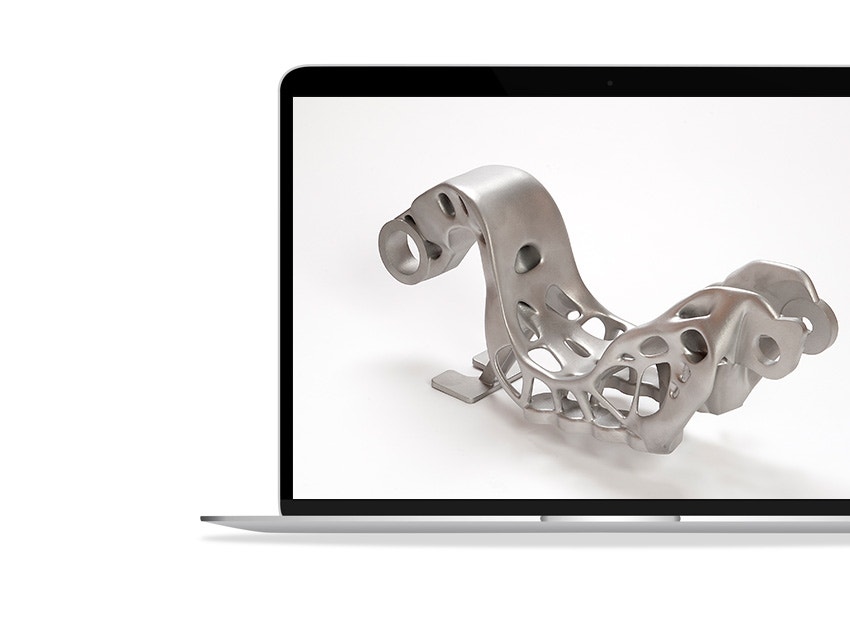 Metal 3D-printed gooseneck bracket on a white background on a laptop screen