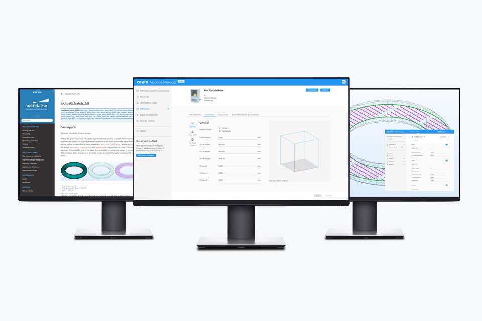 Three computer screens showing information and interfaces from Materialise Machine Manager and Build Processor