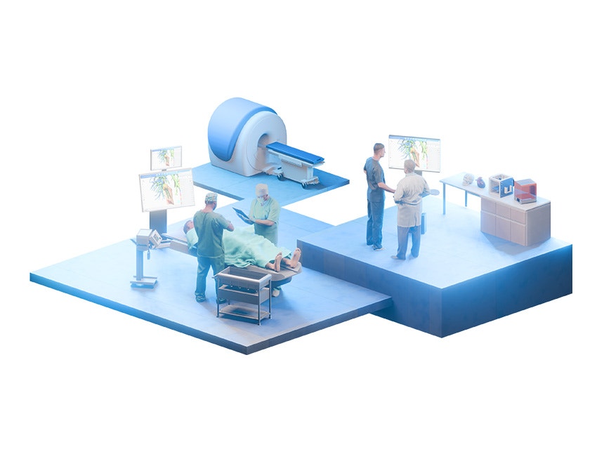 A 3D-rendered medical scene showing doctors performing surgery on a patient with anatomical images displayed on monitors, an MRI scanner in the background, and two medical professionals reviewing a 3D anatomy visualization near a table with medical models and equipment.