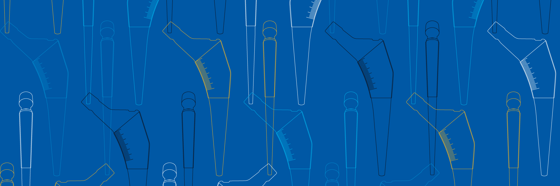 OrthoView template outlines of different hip implants repeated on a blue background.