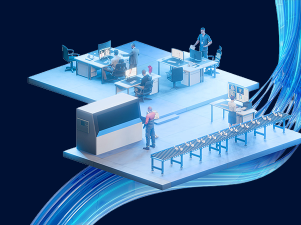 An illustrated scene displaying a medical device company environment, including groups of people at their computers and a 3D printing lab