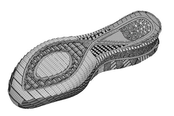 The bottom of a 3D-printed shoe sole with textured shoe treads