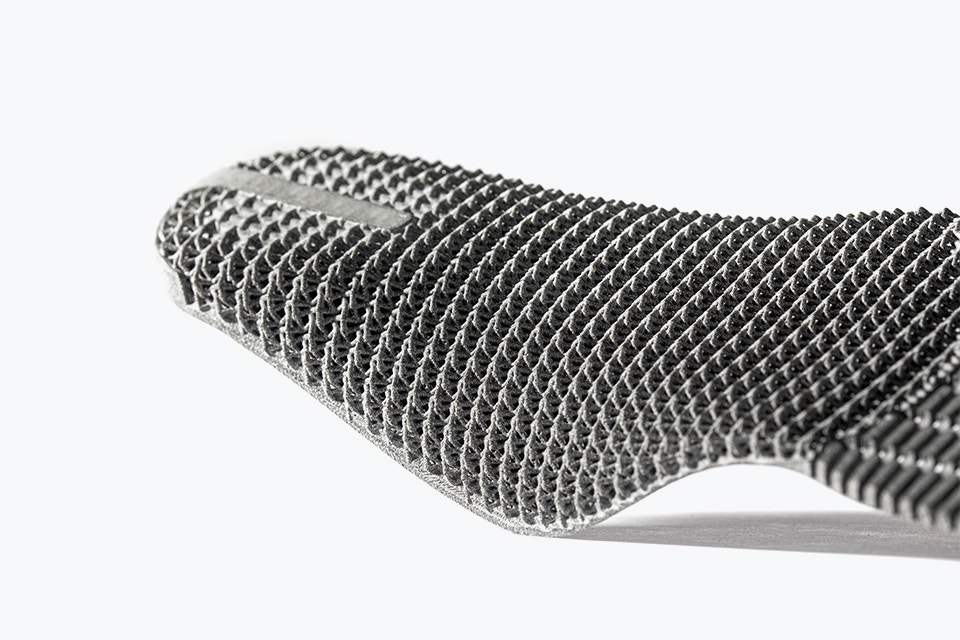 Close-up view of the end of a shoe insole 3D printed using Multi Jet Fusion and the PA 12 material