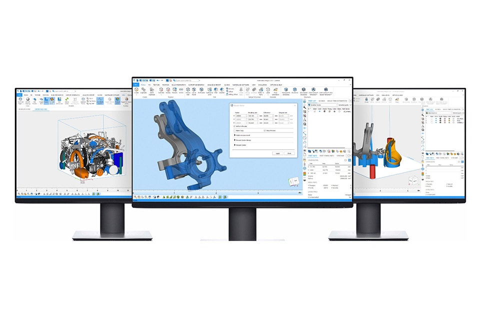 3 schermi di computer che mostrano Materialise Magics