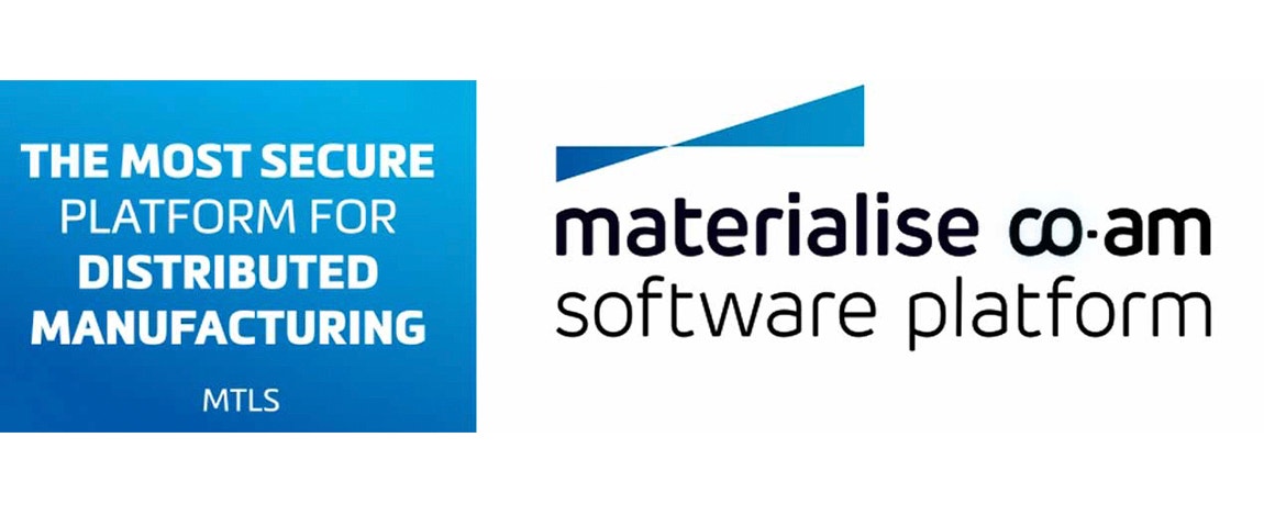 Materialise CO-AM Software Platform logo with white text on a blue box that says the most secure platform for distributed manufacturing. 