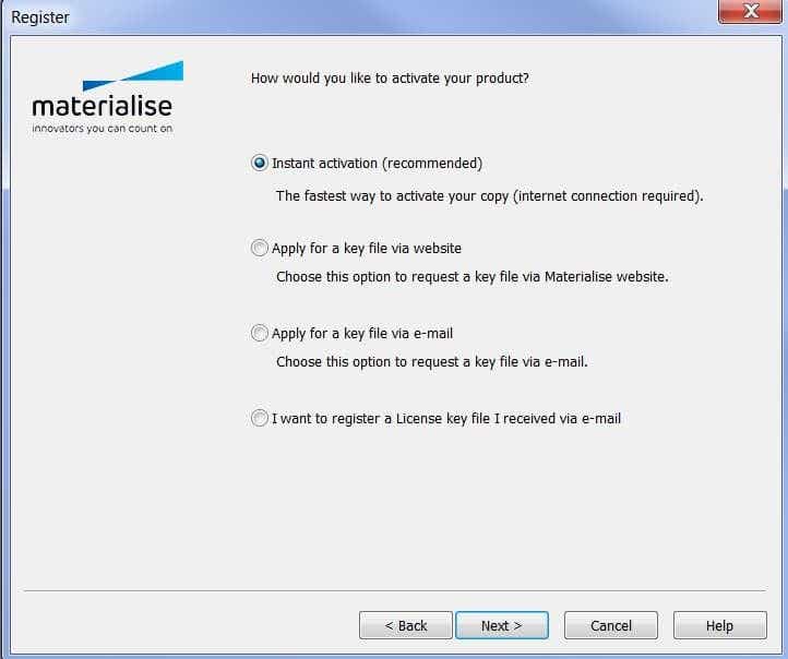Screenshot of the Registration Wizard with "Instant activation" selected