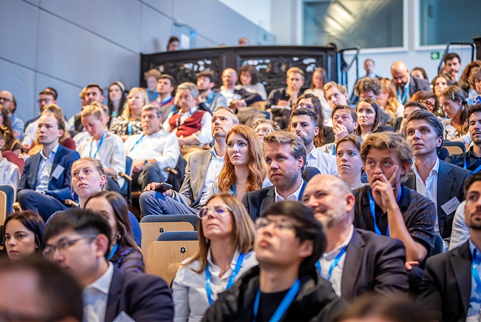 Attendees sitting in rows for a presentation at Materialise's 3D Planning and Printing in Hospitals Forum (2025).