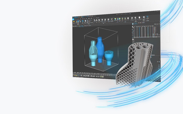 A laptop showing three, 3D models being designed in Magics and a larger, lattice-inspired 3D model.