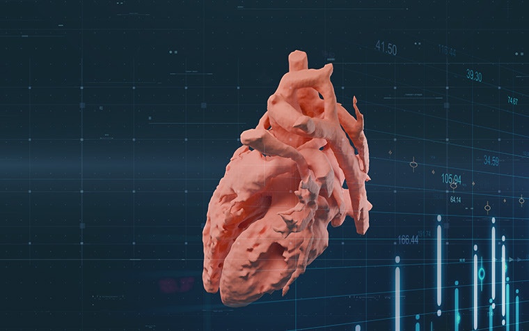 A 3D model of a heart on a blue background with various lines and numbers