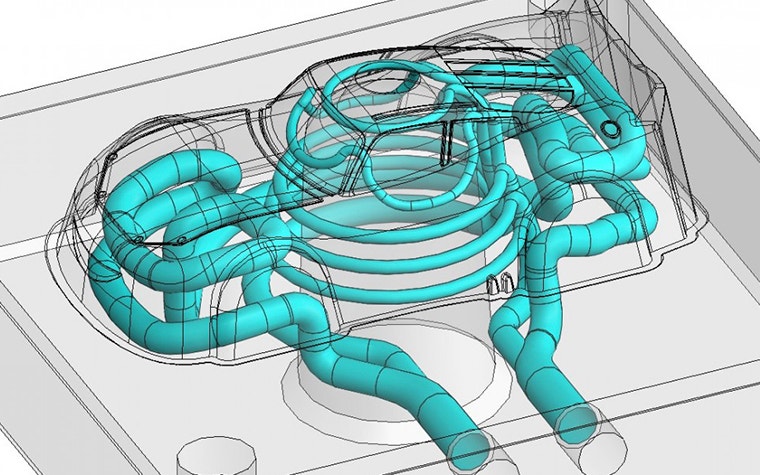 3D design showing cooling channels in a toy car mold