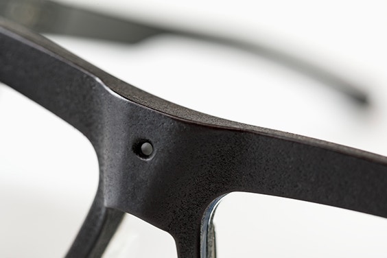 Close-up view of the camera on the nose bridge of the Iristick smart safety glasses
