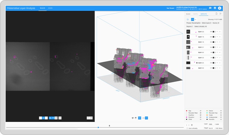 An image of layers in a 3D model being analyzed by Materialise Layer Analysis