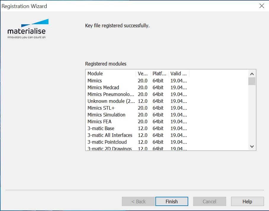 Screenshot of the Registration Wizard with a list of registered modules