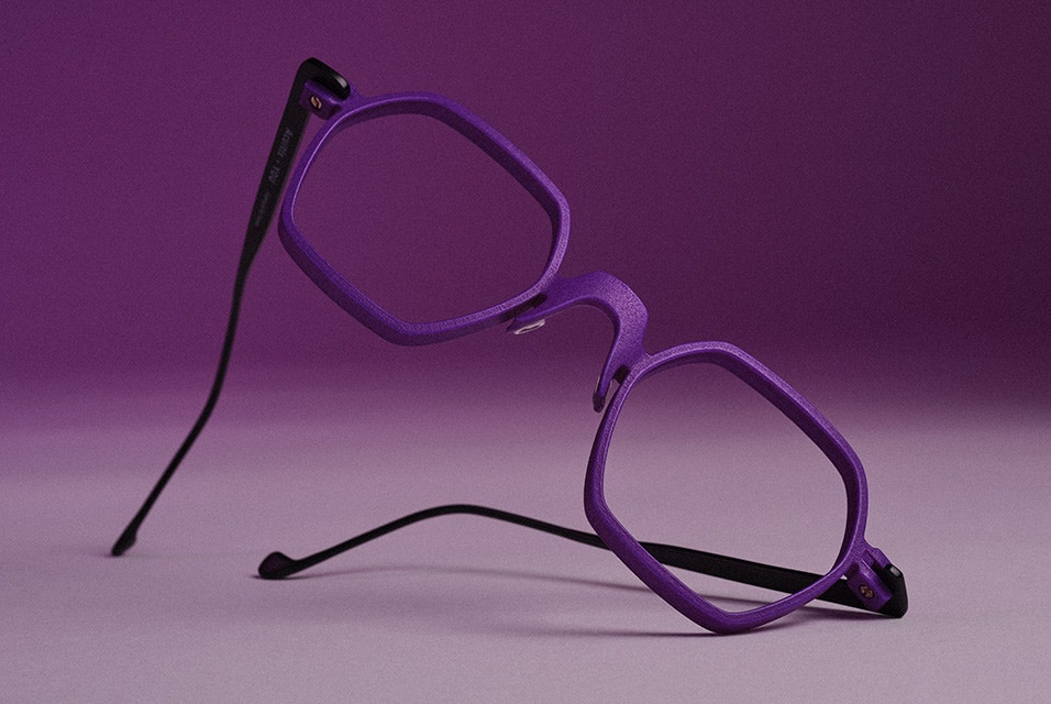 A pair of purple 3D-printed Acuitis frames against a purple background