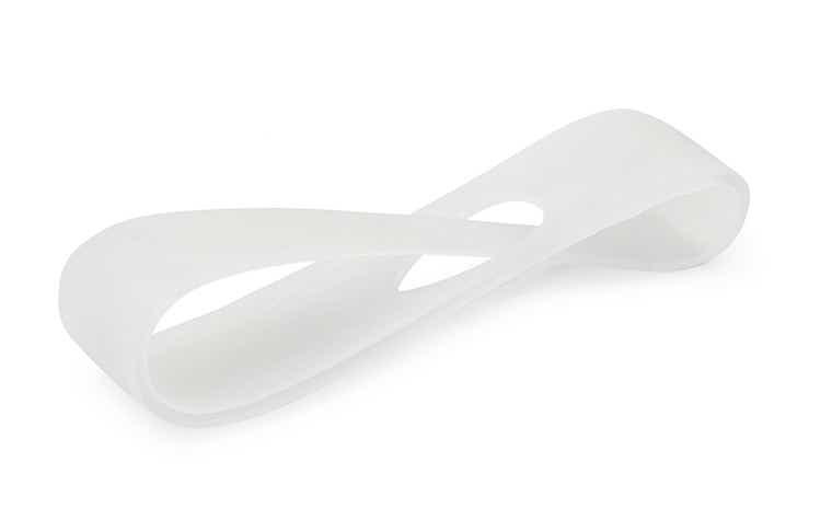 An opaque white 3D-printed loop made from VeroClear using PolyJet, with a basic finish.