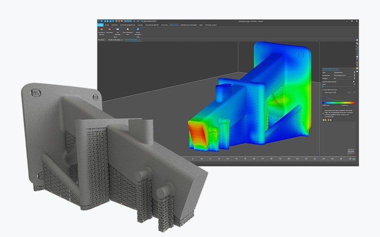 A 3D-printed parts with supports in the foreground and a 3D model of the part in the Ansys Simulation module in the background.