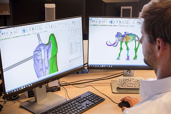 Materialise engineer looks at 3D models on computer screen 
