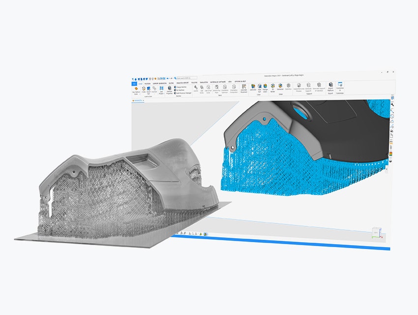 A 3D-printed resin build on a build plate with e-Stage support structures attached in front of a screenshot of the build in e-Stage software