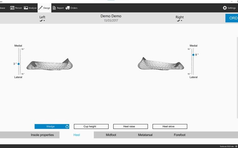 Screenshot of heel wedge adjustments to insoles in footscan