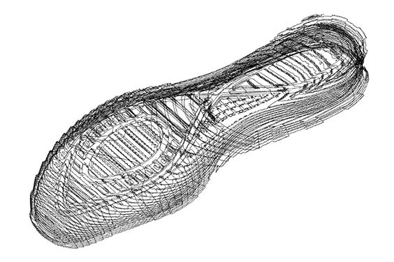 A detailed 3D image of the shoe sole and shoe tread pattern