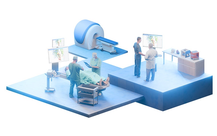 A 3D-rendered medical scene showing doctors performing surgery on a patient with anatomical images displayed on monitors, an MRI scanner in the background, and two medical professionals reviewing a 3D anatomy visualization near a table with medical models and equipment.
