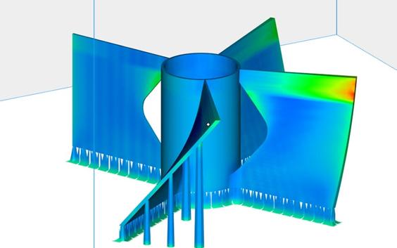 Design 3D di un'elica con mappa termica che mostra il rischio di contatto per la ricopertura