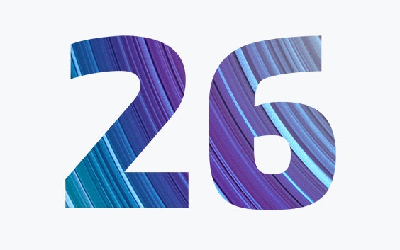 Die Zahl 26 mit durchgehend blauen und violetten Linien