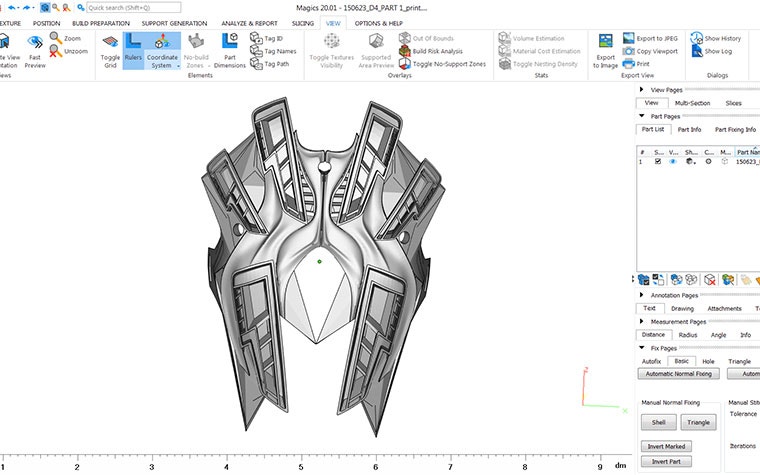 3D model of a 3D-printed chest component in Materialise Magics data preparation software