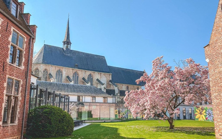 The Martin's Klooster event location and hotel in Leuven, Belgium behind a green field and flowering tree
